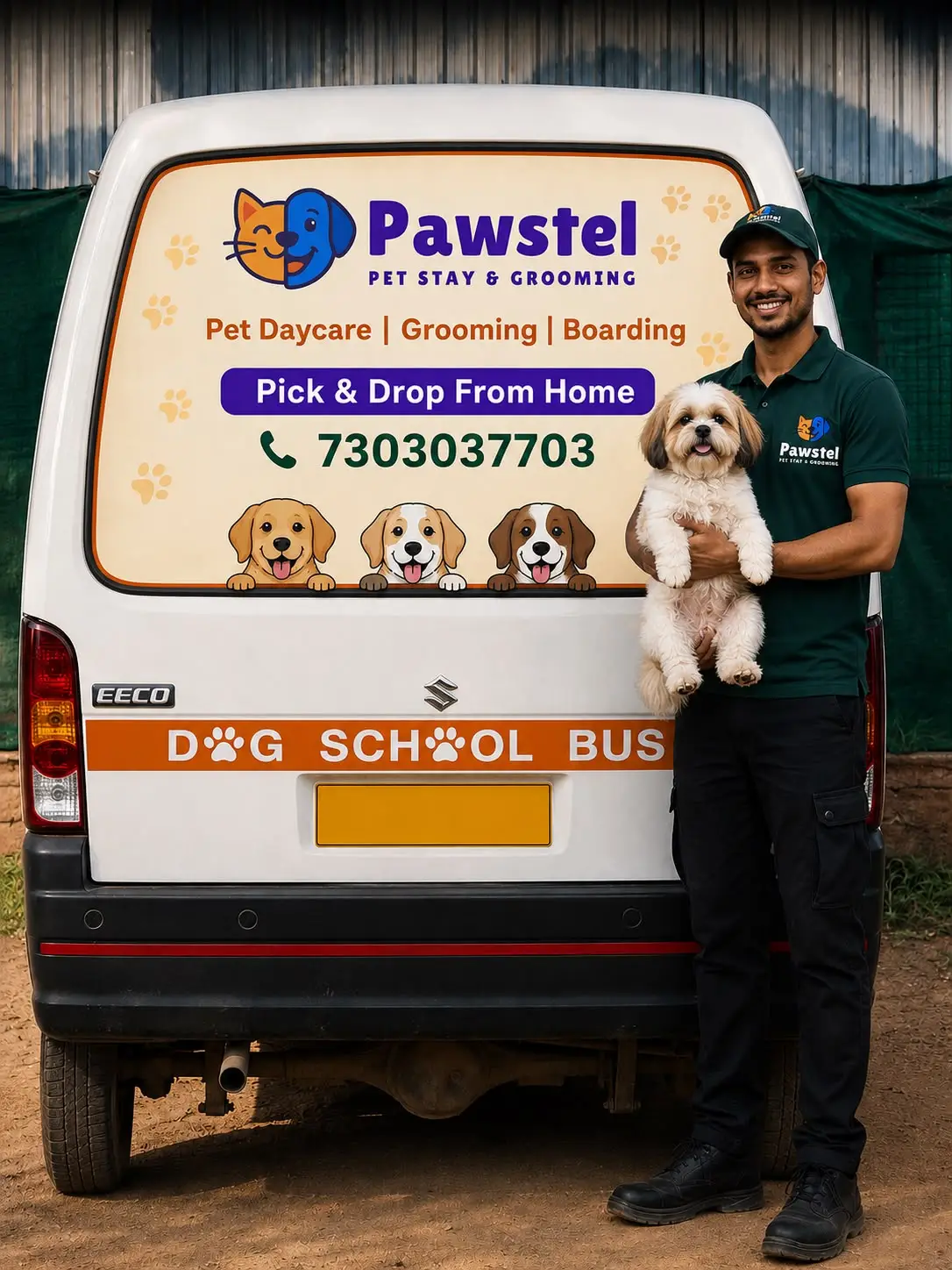 The Pawstel pick and drop service van with a caretaker holding a dog